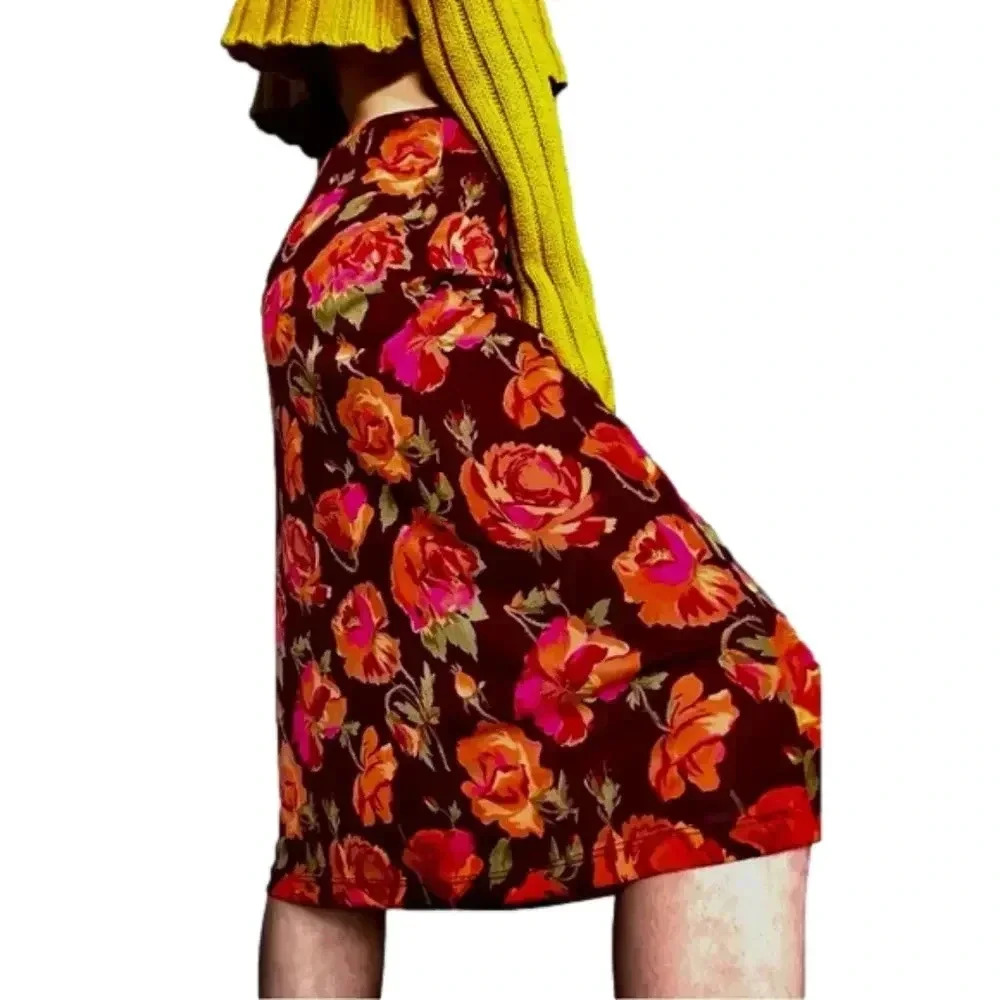 NWT’S Vintage 90s Burgundy and‎ Orange Floral Express Midi Skirt